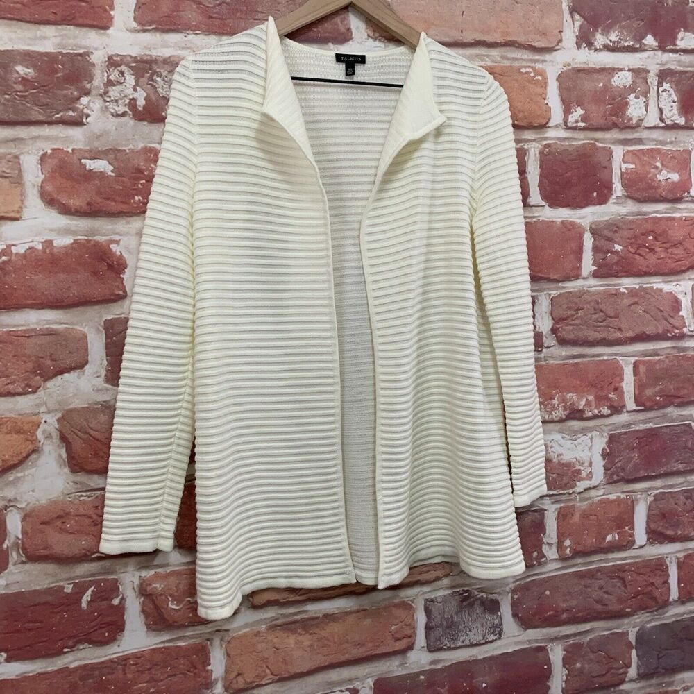 Talbots Cardigan Sweater Women's XS Cream Ribbed Knit Open Front Long Sleeves - Picture 2 of 8